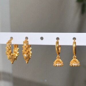 Gold Filled rhinestone studded mini hoops & Gold filled mini jhumka earrings